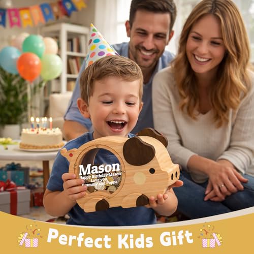 Image of Personalized Piggy Bank for Kids, Cute Money Bank for Boys, Clear Coin Bank with Plug, Wood Kids Bank Toy Unbreakable Money Box, Gift for Children Birthday Christmas and Festival