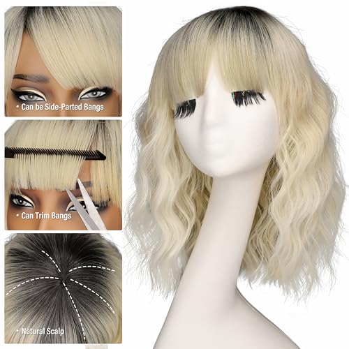 Image of Nnzes Short Wavy Bob Wig with Bangs for Women Shoulder Length Curly Ombre Blonde Synthetic Heat-Resistant Fiber Hair for Daily & Party Use