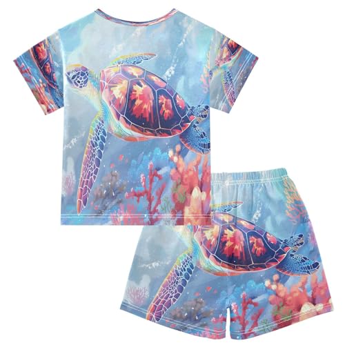 senya Short Sleeve Pajamas Sets Summer Cotton Sleepwear Marine Turtle Coral2