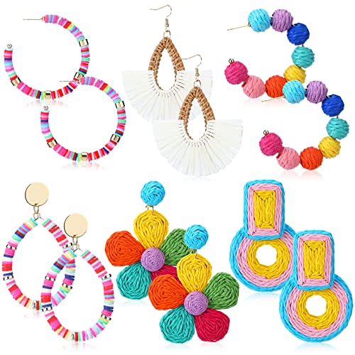 Kigeli 6 Pair Beach Raffia Earrings Summer Statement Rattan Earrings Heishi Drop Hoop for Women Colorful Beaded Tassel Dangle Boho Earring Handmade Jewelry Teacher Gift(Rainbow Color)