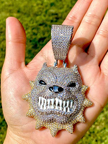 Men's 14k Gold Finish Big Pitbull Dog Iced Prong Set 2 Tone Pendant for Cuban Chain Men, Animal Pendant, Large Angry Dog Charm (Pitbull Dog Pendant Only) Fits upto 18mm3