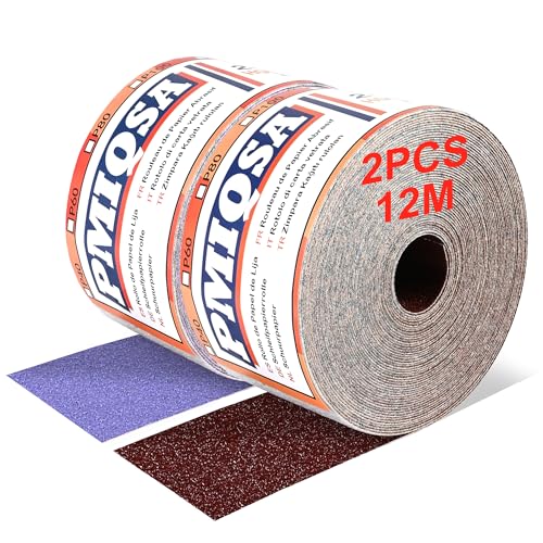 PMIQSA 70 mm x 12m Schleifpapier Rollenset Klett, 2 Rollen 60 Körnung mit 70mm Breites Handschleifer, Schleifgitter für Holz, Metall, Wand