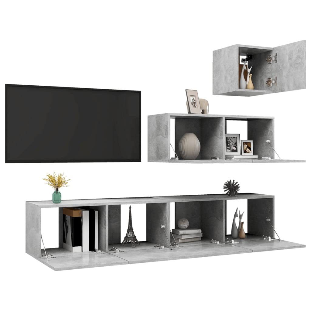 4-TLG. TV-Schrank-Set in Betongrau – Modernes Wand-TV-Board aus Holzwerkstoff, Hängeschrank für Wohnzimmer, Media-Center mit Stauraum-Modulen, Wandmontage
