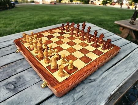 Image of Sheesham Wood | Wooden Non-Magnetic Foldable Chess Board with Coins | Multiple Size | Brown Colour | Square Shape | Storage Capacity. (KWK002)