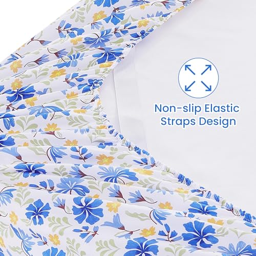 Image of Softan Vintage Blue Floral Twin Bed Sheets, Cozy Microfiber Flower Printed Sheets with 15 inch Deep Pocket Fitted Sheet & Non-Slip Straps, Patterned Floral in Blue & Amber Sheets & Pillowcase Set