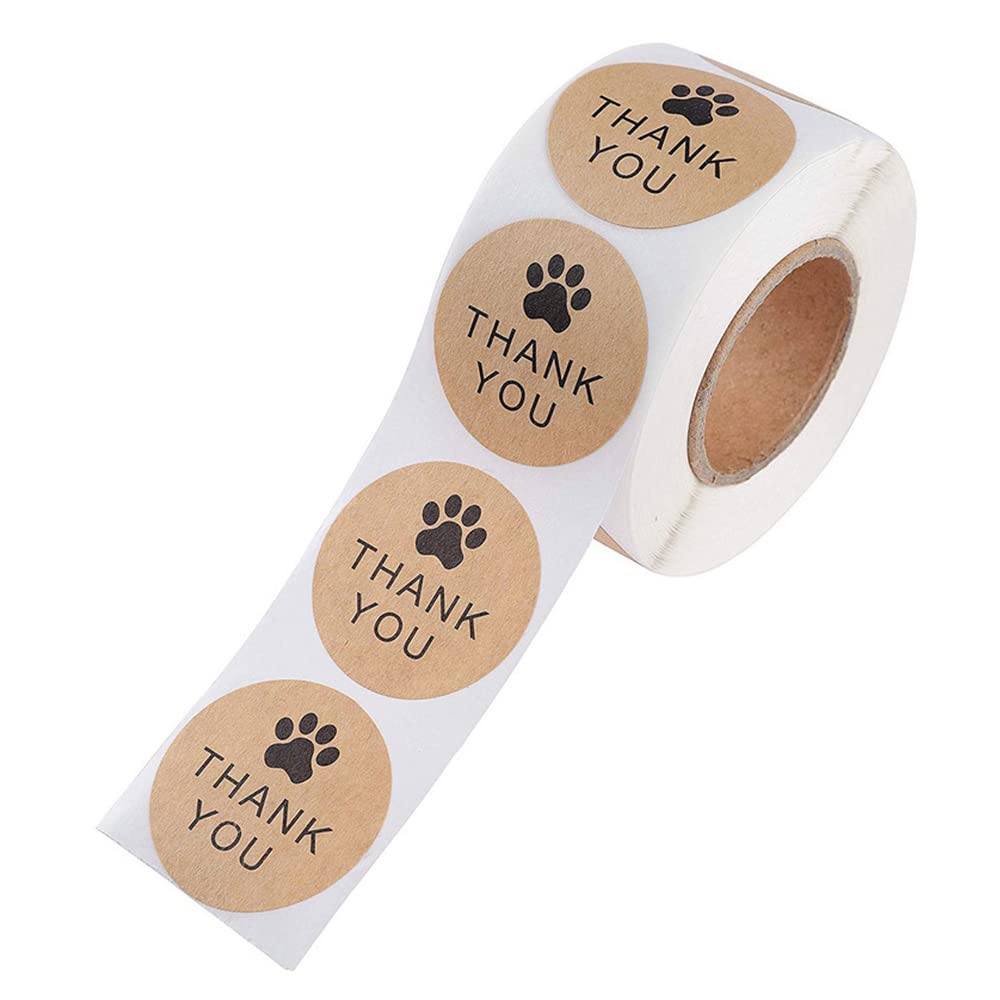 500 Pcs Kraft Pet Paw Labels Stickers 1" Kraft Thank You Sticker Labels Round Kraft Label Stickers for Baking Envelope Seals Small Business Greeting Cards Present for Sealing and Decoration