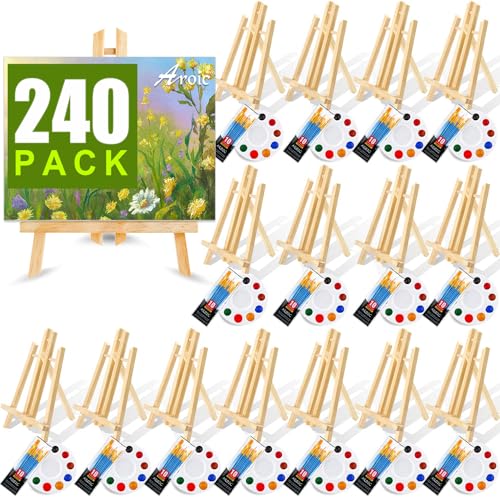 Image of 240 PCS Professional Painting Set with 20 Wood Easels, 20 Packs 200 Brushes | with Nylon Brush Head and 20 PCS Palettes, Painting Supplies kit for Kids & Adults to Painting Party