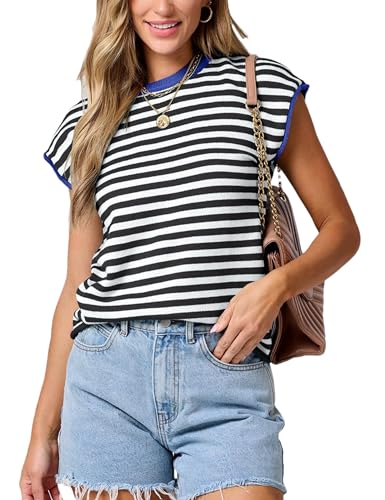 Image of Bozanly Womens Crewneck Striped Knit T Shirts Casual Spring Summer Cap Sleeve Sweater Tank Top 2025(0952-BlackStripe-S)