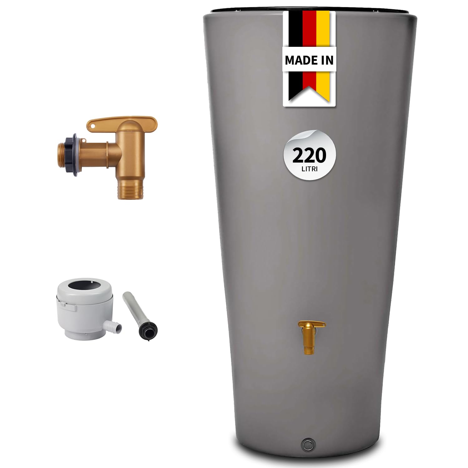 4rain VASO 2in1 serbatoio per pioggia 220 litri grigio zinco incl. rubinetto in plastica e raccordo pluviale - contenitore acqua piovana decorativo - raccolta da grondaia pratica - con filtro incluso
