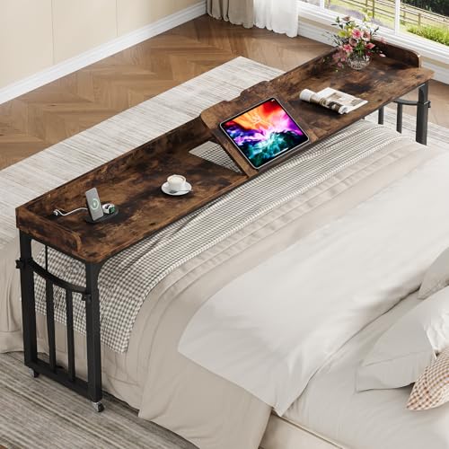 Condemo Overbed Table with Wheels and Height Adjustable 87 inch King Size Bed Table with Adjustable Tilt Board Mobile Laptop Cart Computer Desk with Outlets & USB Ports Dark Brown