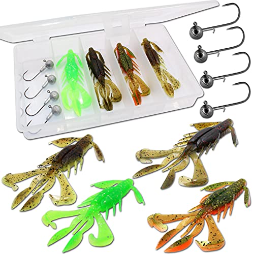 Angel-Berger Gummiköder Crawler Jig Set mit 4 Krebsen und Jighaken für Barsch und Zander, Länge 9cm