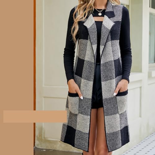 Womens Buffalo Plaid Vest Lapel Open Front Sleeveless Jacket Cardigan Jacket Coat with Pockets Long Suit Collar3