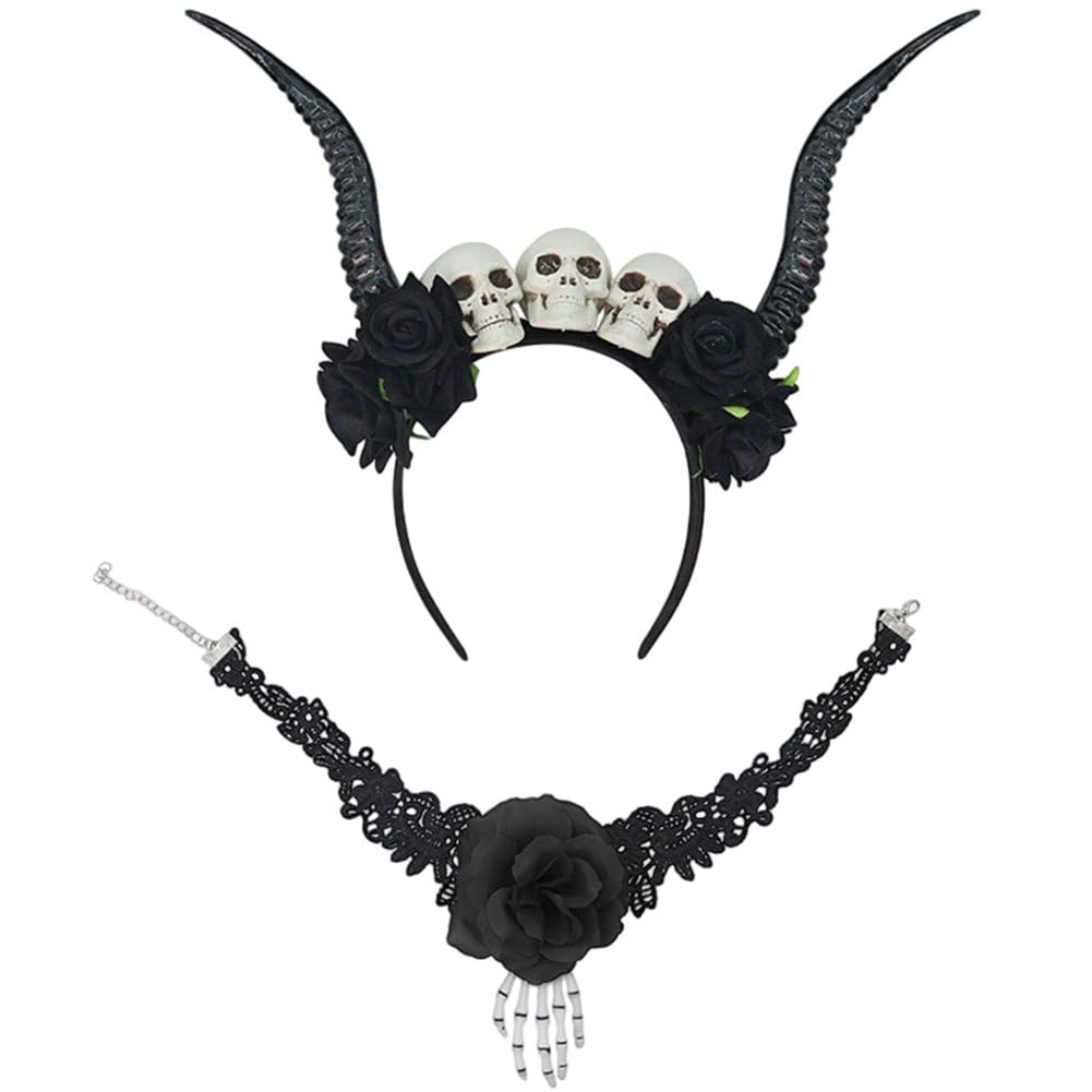 Serre-tête cornes de diable tête de mort et collier dentelle avec main de squelette noire