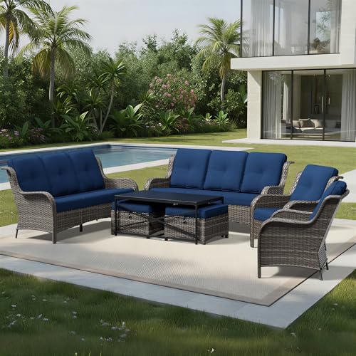Image of Joyside 7 Piece Wicker Patio Furniture Set, Rattan Patio Chairs with High Back, Deep Seating, Wide Armrest, Thickened Cushions, Outdoor Furniture for Deck, Porch Use