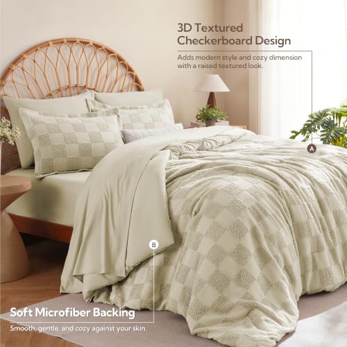 Image of MR&HM Queen Comforter Set 7 Pieces, Checkered Boho Tufted Bed Set Linen | Farmhouse Vintage Bed with Plaid Geometric Design, All-Season Bed in A Bag Comforter with Sheets, Pillow Shams & Pillowcases