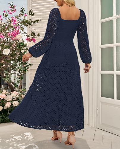 Women's Fall Long Puff Sleeve Maxi Dress Smocked Square Neck Lace Hollow Out Eyelet A Line Boho Flowy Wedding Guest Dresses4