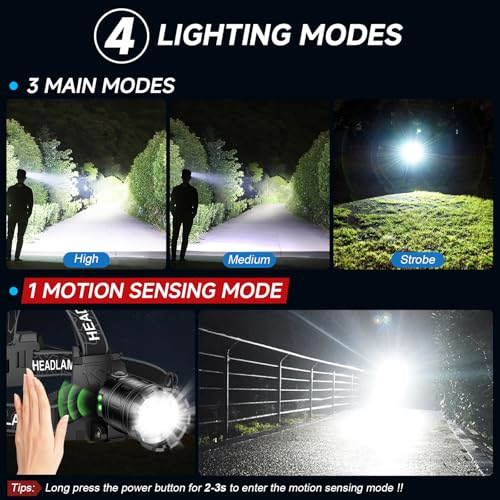 Kmivo 2-Pack Rechargeable LED Headlamps - 99,000 High Lumens Super Bright Head Light with 3 Modes, 90° Adjustable Tilt, IPX6 Waterproof for Camping, Hiking, Running & Outdoors - Image 4