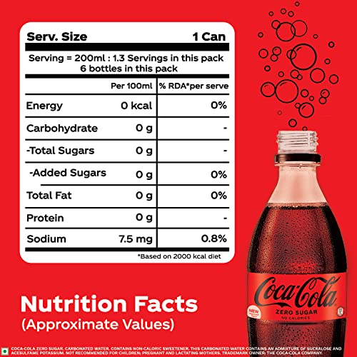 Image of Coca-Cola Zero Sugar, No Calories Soft Drink PET Bottle, 250 ml (Pack of 6)