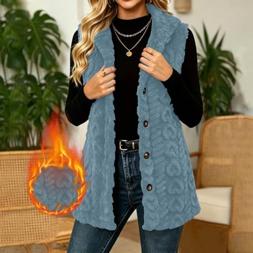 Hooded Fleece Vest Women Long Plush Sleeveless Jacket Button Down Outerwear - image 2