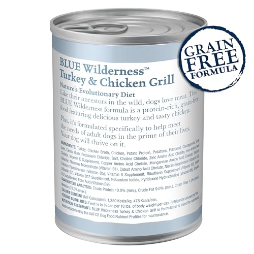 Blue Buffalo Wilderness Adult Wet Dog Food, High-Protein & Grain-Free, Made with Natural Ingredients, Turkey & Chicken Grill, 12.5-oz. Cans (12 Count)