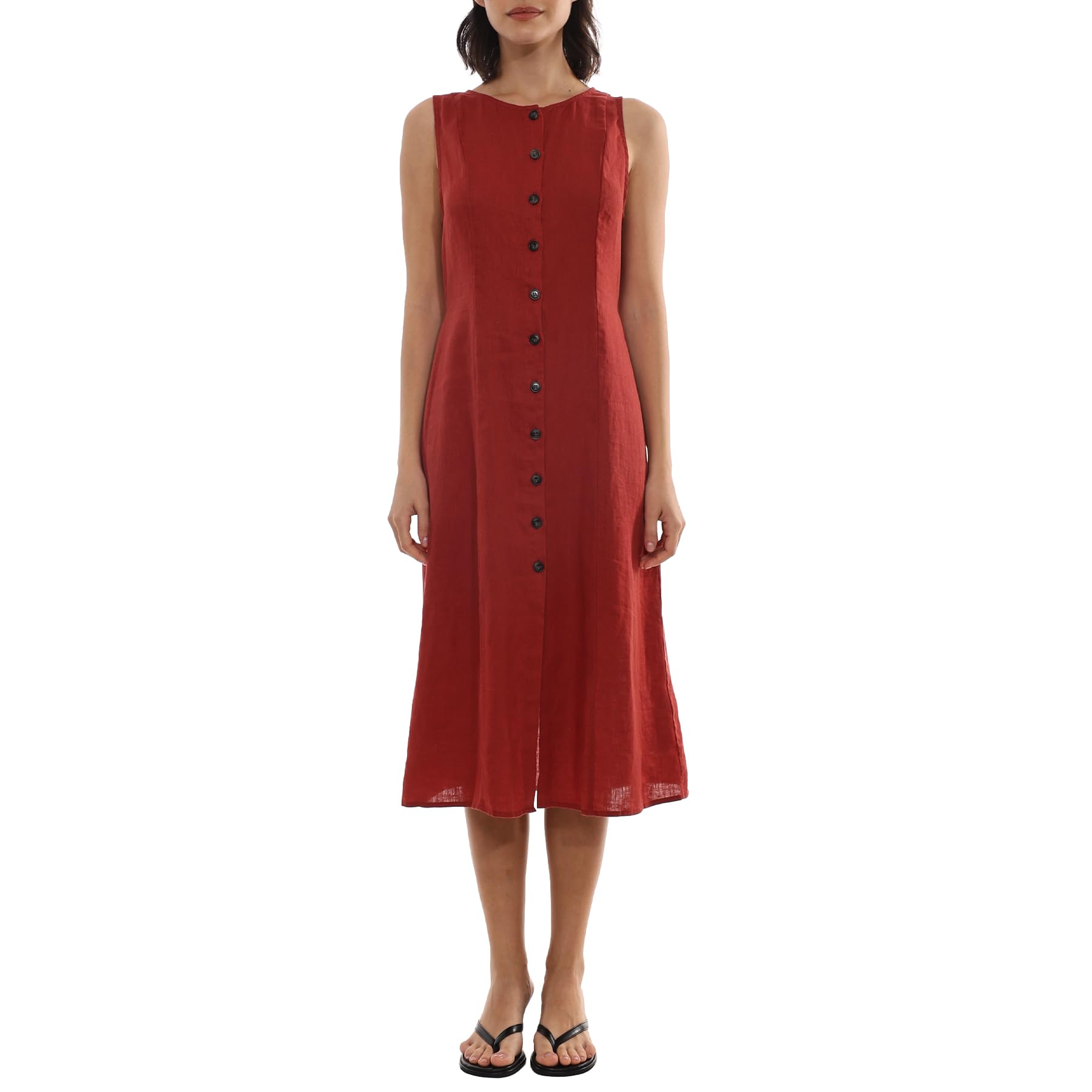 Amazhiyu Abito da donna 100% lino, maxi abito senza maniche girocollo con bottoni