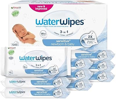 WaterWipes Sensitive+ Newborn & Baby Wipes, Toallitas Para Recién Nacidos y Bebés, 540 unidades (paquete de 9), 3 en 1 Limpia, Cuida, Protege, 99,9% Agua, Sin perfume