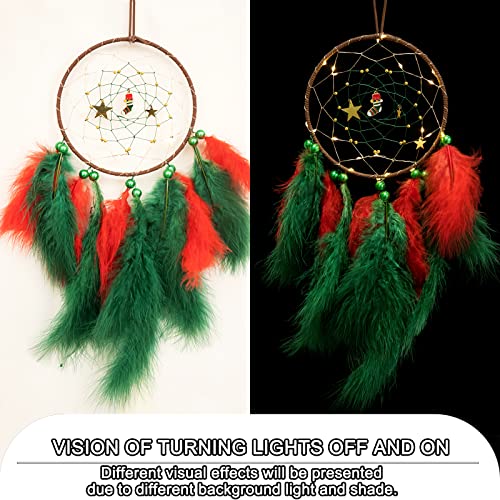 TEESHLY Christmas Dream Catcher with Lights Handmade Dreamcatcher with Red and Green Feather for Wall Hanging and Home Decoration