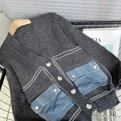 Image of FindThy Women's Casual Button Up Cardigan Oversized Long Sleeve Jean Patchwork Sweater Cardigans