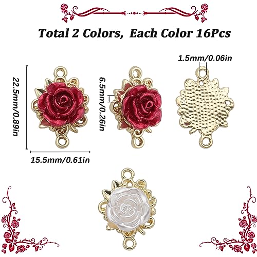 SUNNYCLUE 1 Box 32Pcs Valentines Day Rose Charms 3D Rose Flower Connector Charms Bulk Red White Flowers Links Linking Connectors Double Loop for jewellery Making DIY Craft Supplies - Image 2