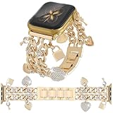 YONWORTH Cuban Chain Band Compatible with Apple Watch Bands 38/40/41mm Women,Bling Diamond Chain Dressy Metal Wristband Cute Charms Pendants for iWatch Series 10 9 8 7 6 5 4 3 SE (A10-Shiny Gold, 38MM)