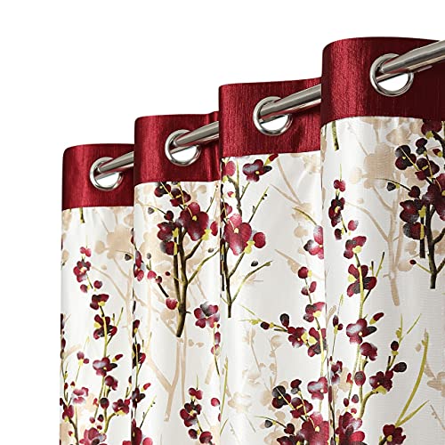 Image of 6 Feet Polyester Floral Light Filtering Window Curtains for Living Room, Bedroom & Dining Room, Eyelet Top, Maroon Printed and Solid Plain Curtain Set of 3
