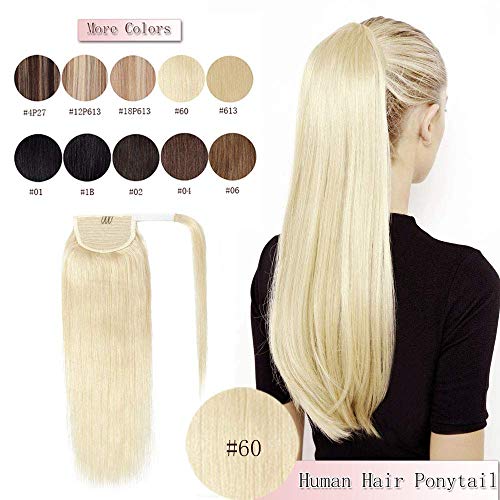100% Remy Human Hair Ponytail Extension Wrap Around One Piece Hairpiece With Clip in Comb Binding Pony Tail Extension For Girl Lady Women Long Straight #60 Platinum Blonde 16'' 80g