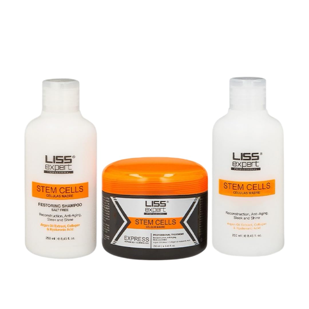 Liss Expert Stem Cells Smoothing Treatment – Organic Keratin & Argan Oil – Frizz-Free Repair & Shine – Professional Straightening – ONE Shoulder Length Applic– plus salt free shampoo and conditioner