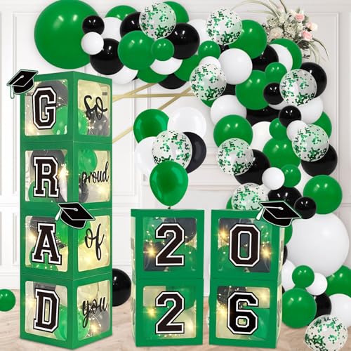 DAZONGE Graduation Decorations 2026 Set of 4 Green Graduation Boxes with 139pcs Balloon Arch Garland Kit & 4 String Lights - So Proud of You Class of 2026 Decorations