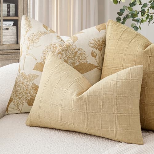 Image of Foindtower Set of 1 Decorative Linen Check Throw Pillow Cover Neutral Farmhouse Lumbar Cushion Cover Modern Boho Accent Home Decor for Sofa Chair Couch Bedroom Living Room,12x20 Inch,Light Yellow