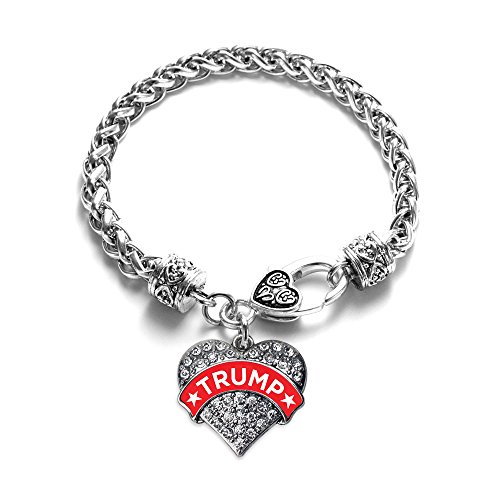 Inspired Silver - Trump Supporter - Silver Braided Bracelet for Women - Pave Heart Charm Bracelet Jewelry Gift with Cubic Zirconia - Womens Charm Bracelet with Lobster Claw Clasp