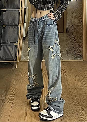 AULKEEP Womens Star Print Gradient Jeans Loose Ripped Graphic Pants Punk High Waist Bottom Jeans with Pocket3