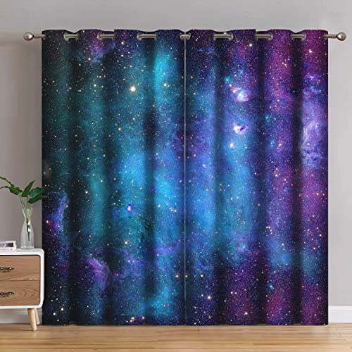 Jekeno Galaxy Blackout Curtain Outer Space Nebula Universe Stars Starry Sky Night Dark Blue Printed Grommet Window Drapes Galaxy Decor for Kids Bedroom Living Room 2 Panel Set, 42"x63"