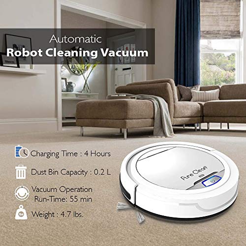 Pure Clean Vacuum Cleaner Upgraded Lithium Battery 90 Min Run Time Automatic Bot Self Detects Stairs Pet Hair Allergies Friendly Robotic Home Cleaning for Carpet Hardwood Floor PUCRC25 V2, White