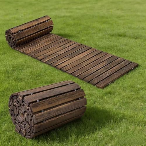 WELUKGUUD Wooden Garden Pathway Outdoor Roll Out Decorative Garden Walkway Weather-Resistant Non-Slip Wooden Walkway Pavers for Backyard Beach Wedding Party Paths(Carbonized 8FT Straight)