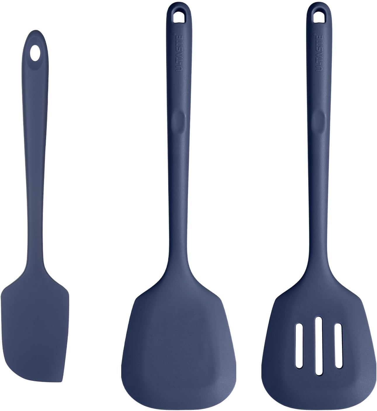 U-Taste 600ºF Heat Resistant BPA Free Silicone Spatula 1 Piece (Midnight Blue), and 600℉ Heat Proof Long & Wide Silicone Solid & Slotted Turner Set of 2 for Egg, Pancake (Midnight Blue)