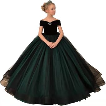 Flower Girls Dress Tulle Wedding Bridesmaid Birthday Party Dresses Trailing Elegant Gorgeous Classic Dark Green,Green,150cm