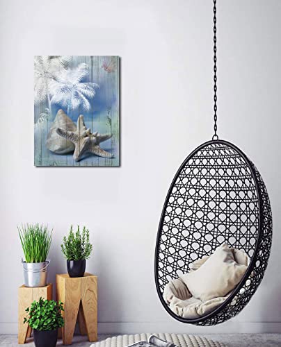 Bathroom Blue Ocean Summer Picture Nursery Canvas Wall Art Palm Tree Coastal Conch Seashell Painting Starfish Modern Artwork Framed For Bedroom Living Room Home Office Wall Decor 12"X16" #TOP4