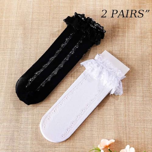 Ruffle Socks Frilly Socks Cute Sheer Socks Black white Ankle Socks for Women 2 Pairs2