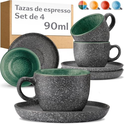Cosumy Set de 4 Tazas de Espresso con Platillos   90 ml de Cerámica   Juego de Café Moderno   Gres Grueso con Esmalte Reactivo Hecho a Mano   Mantiene el Calor por Más Tiempo (Verde)