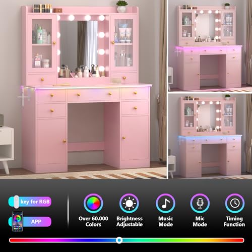 Image of Wodeer Vanity Desk with Mirror and Lights, 43 inch Pink Makeup Vanity Set with 5 Drawers & Glass Cabinets, Makeup Tray, Power Outlet & Adjustable LED Lights, Dressing Table for Women & Girls Bedroom