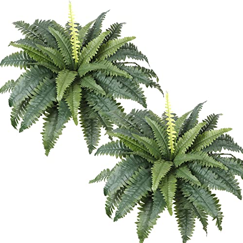 Dremisland Artificial Ferns for Outdoors, Set of 2 Bouquets 30″ Diam Large Fake Ferns Potted or Hanging Artificial Boston Fern | Fake Plant Shrubs for Home Garden Porch Farmhouse Decoraction