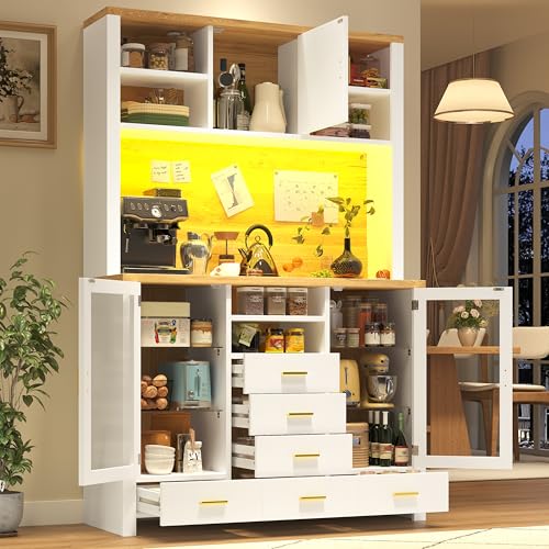 Crlnaup Armario de cocina multifunción, 120 x 40 x 188 cm, estilo rústico, 4 puertas, con tira de luz LED, 6 cajones y 3 puertas, color blanco con aspecto de madera