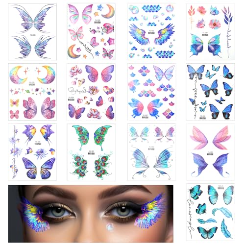 13 Pièces Tatoo Temporaire Papillon Femme Tatouage Paillettes Visage Festival Faux Tatouage Papillon Imperméable pour Maquillage Festival de Fête...