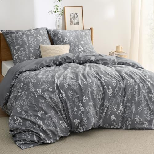 BEDSURE Bettwäsche 155x220 Baumwolle 3teilig - Grau Blumen | Baumwolle Bettwäsche mit Reißverschluss, ÖKO-TEX Wendbar, Bettbezug 155x200cm + 2 Kissenbezüge 80x80cm, einfach zu bezi